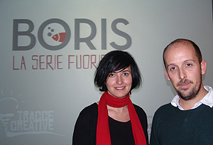 Sara D'Amico, direttrice di produzione di Fox Channel, e Mattia Torre, sceneggiatore della serie Boris, in cripta aula magna il 30 novembre