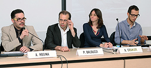 Il tavolo dei relatori della prima parte del convegno. Da sinistra: Alessandro Rosina, Paolo Balduzzi, Anna Granata e Alessandro Rimassa
