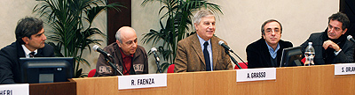 Università Cattolica, aula Pio XI, 5 dicembre 2011. Da sinistra: Giancarlo Scheri, Roberto Faenza, Aldo Grasso, Silvio Orlando, Pietro Valsecchi