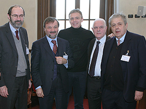 15 febbraio 2013. aula Pio XI. Alcuni dei protagonisti della tavola rotonda sui sondaggi elettorali. Da sinistra, Maurizio Pessato, Stefano Iacus (secondo da sinistra) e accanto a lui Benito Vittorio Frosini e Renato Mannheimer 