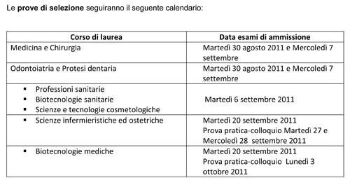 Calendario prove di amissione