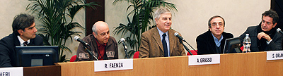 Universit&agrave; Cattolica, aula Pio XI, 5 dicembre 2011. Da sinistra: Giancarlo Scheri, Roberto Faenza, Aldo Grasso, Silvio Orlando, Pietro Valsecchi